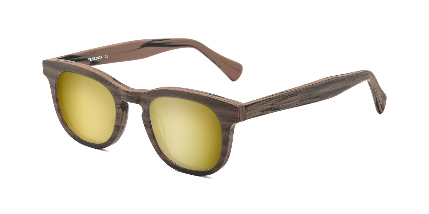 Angle of Tonia in Burnt Tan Woodgrain with Gold Mirrored Lenses