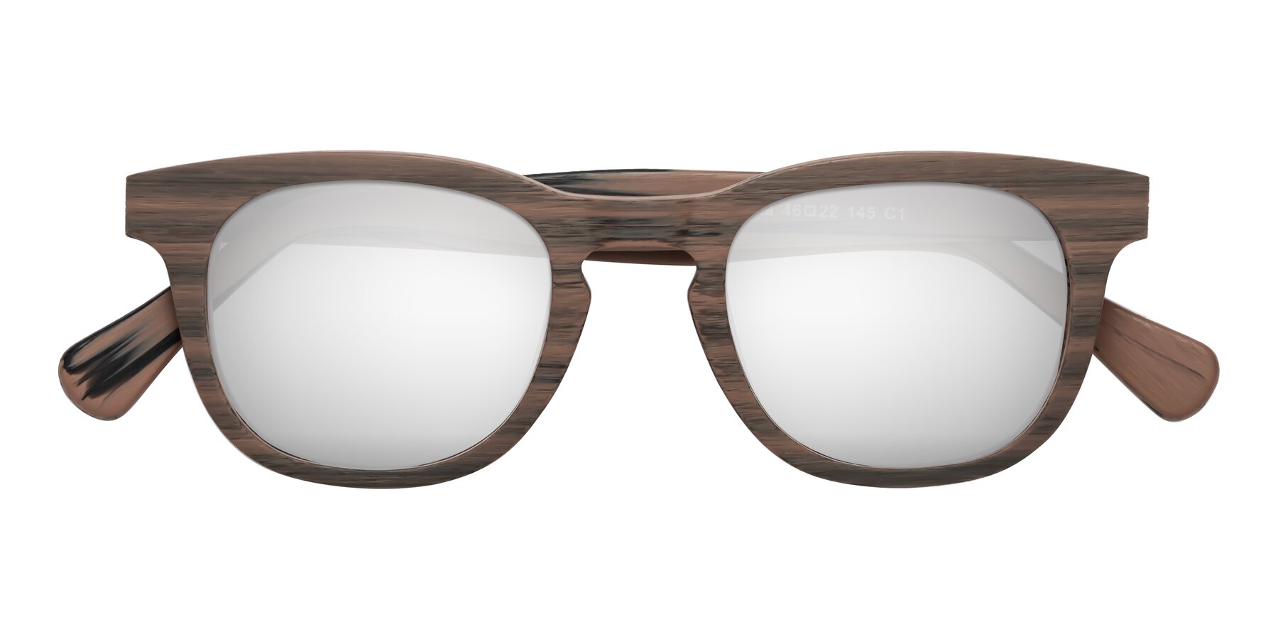 Folded Front of Tonia in Burnt Tan Woodgrain with Silver Mirrored Lenses