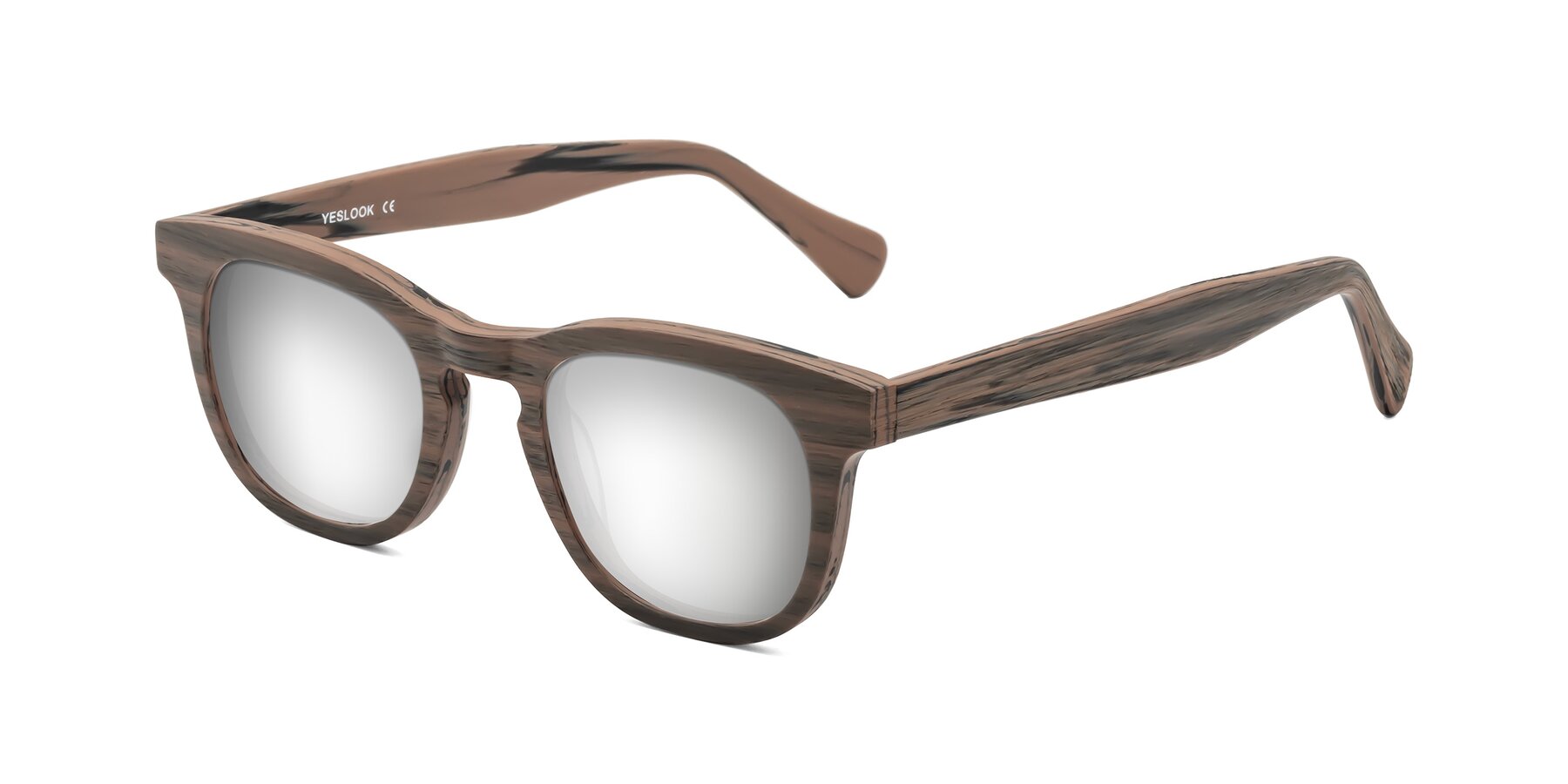 Angle of Tonia in Burnt Tan Woodgrain with Silver Mirrored Lenses