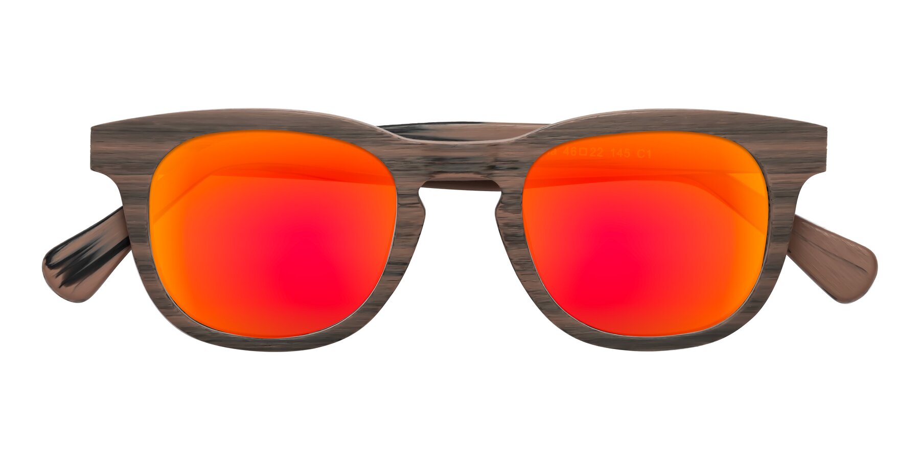 Folded Front of Tonia in Burnt Tan Woodgrain with Red Gold Mirrored Lenses