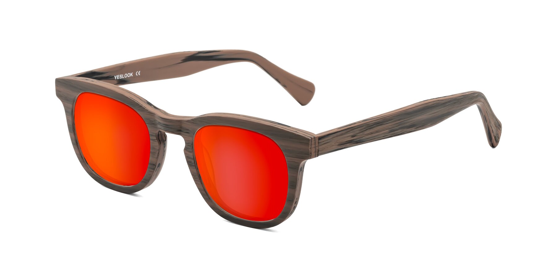 Angle of Tonia in Burnt Tan Woodgrain with Red Gold Mirrored Lenses