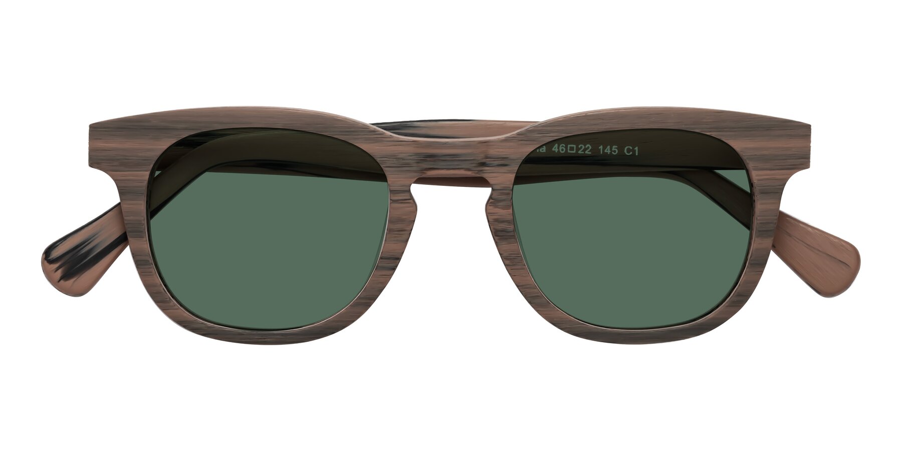 Folded Front of Tonia in Burnt Tan Woodgrain with Green Polarized Lenses