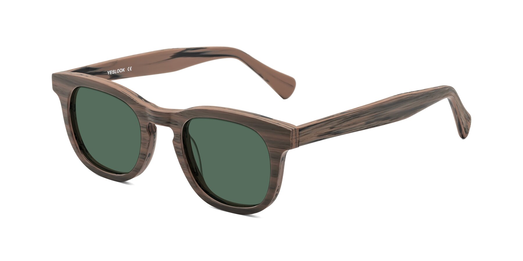 Angle of Tonia in Burnt Tan Woodgrain with Green Polarized Lenses