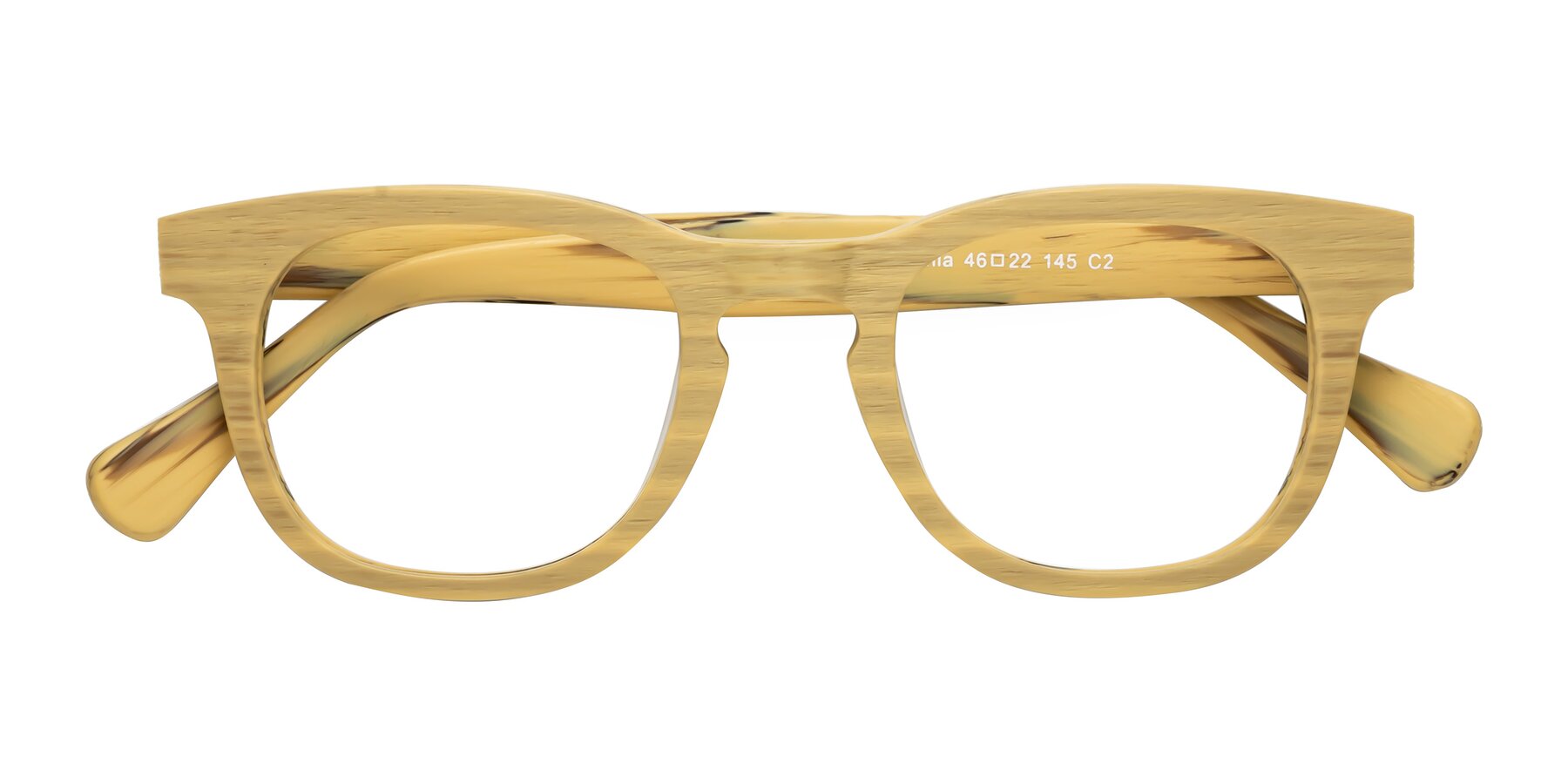 Folded Front of Tonia in Egg Yolk Woodgrain with Clear Eyeglass Lenses