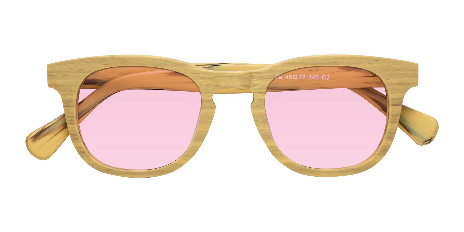 Folded Front of Tonia in Egg Yolk Woodgrain with Light Pink Tinted Lenses