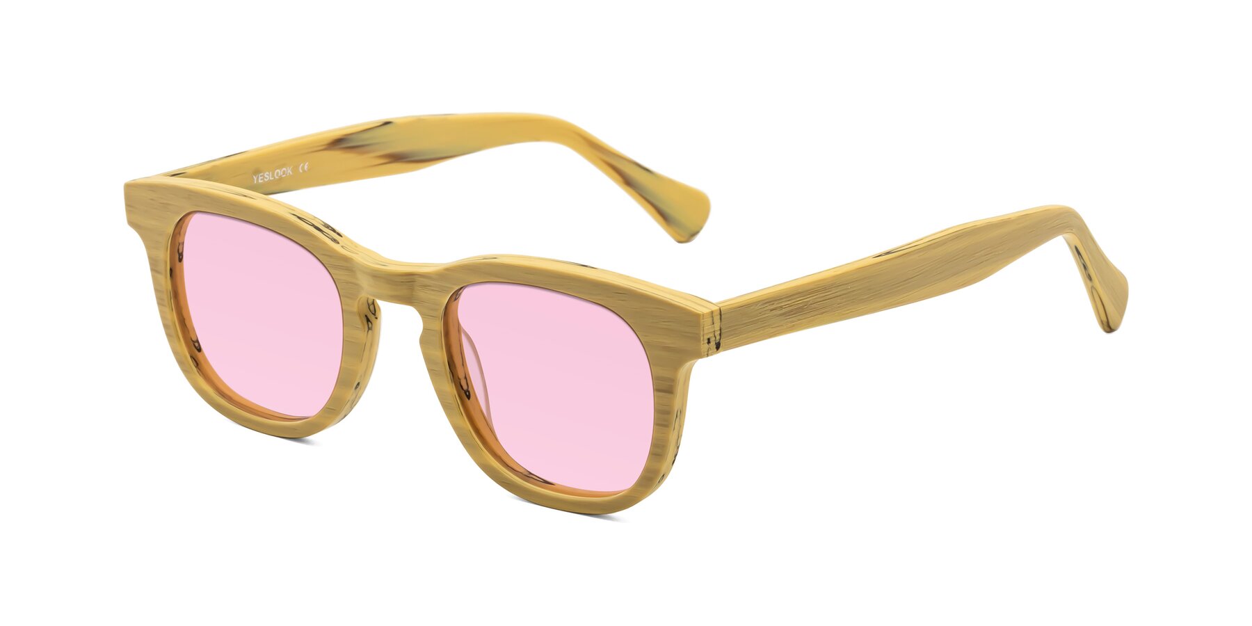 Angle of Tonia in Egg Yolk Woodgrain with Light Pink Tinted Lenses