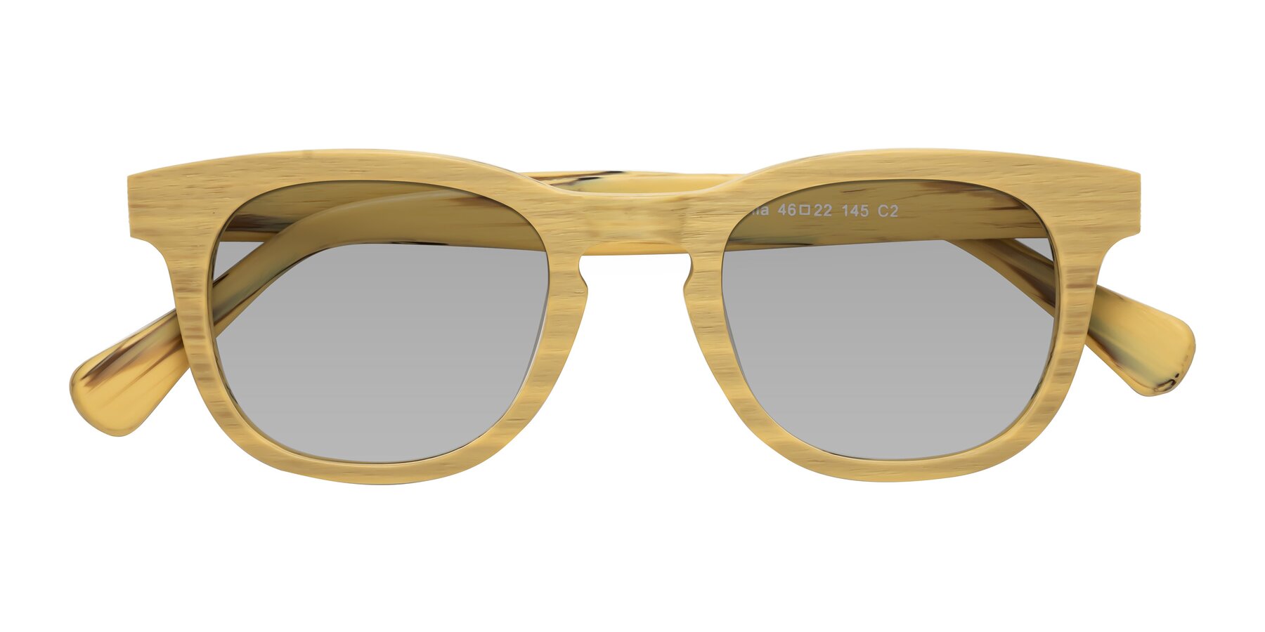 Folded Front of Tonia in Egg Yolk Woodgrain with Light Gray Tinted Lenses