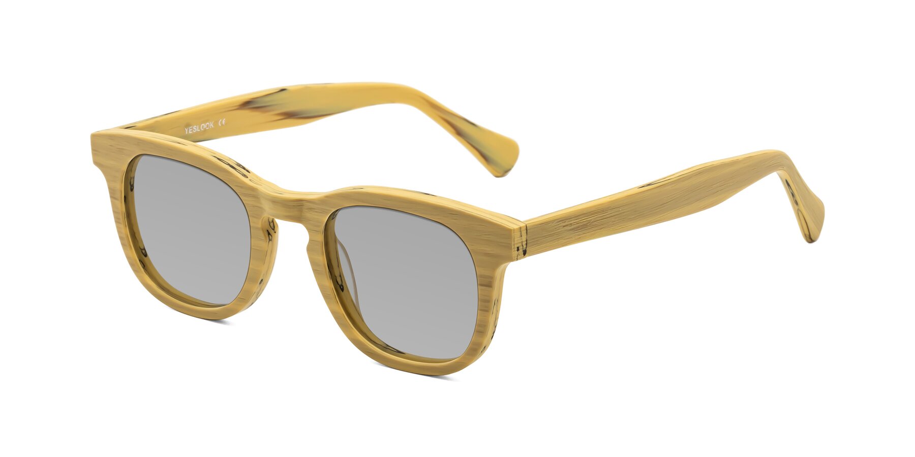 Angle of Tonia in Egg Yolk Woodgrain with Light Gray Tinted Lenses