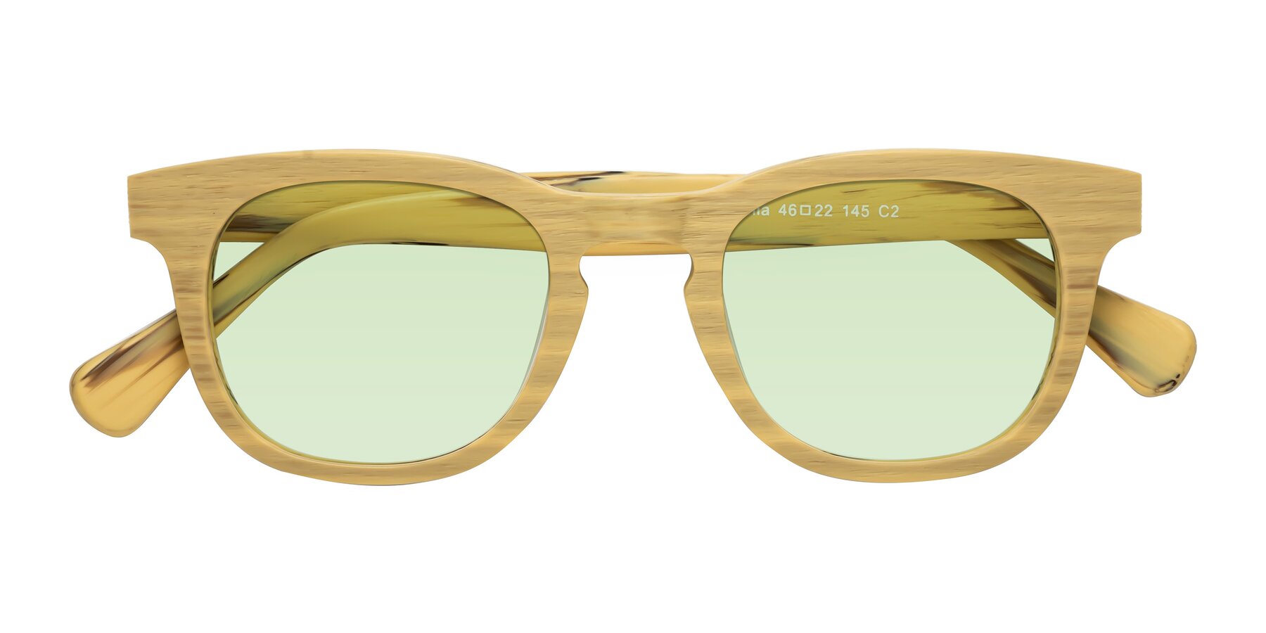 Folded Front of Tonia in Egg Yolk Woodgrain with Light Green Tinted Lenses