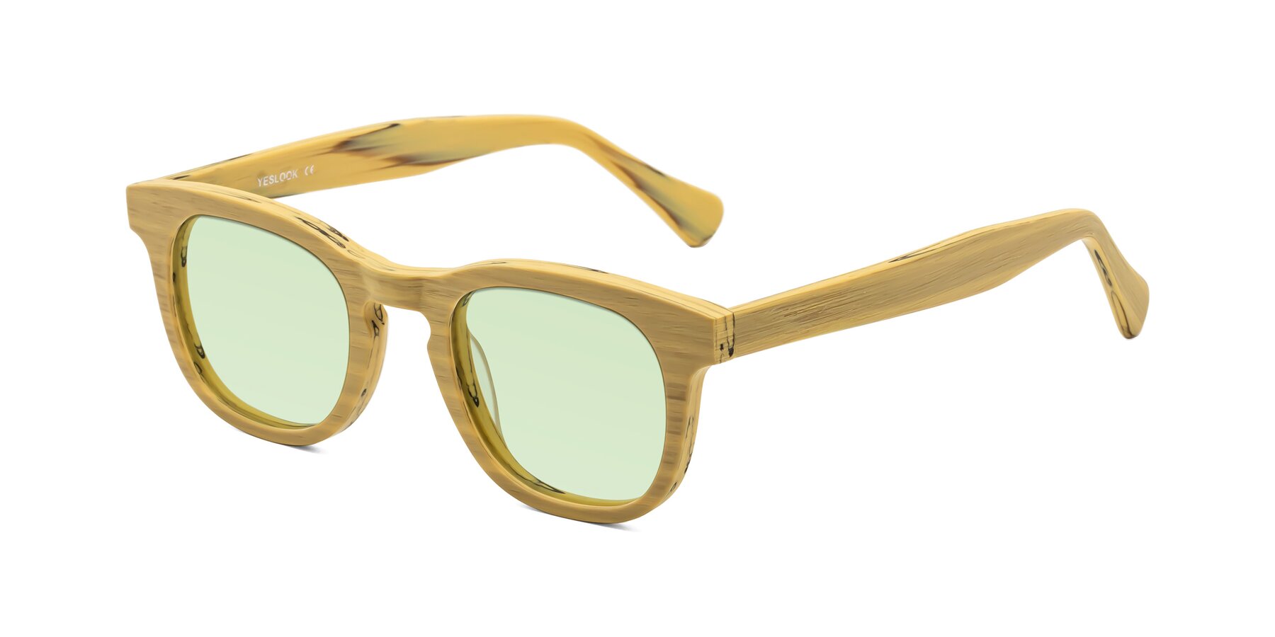 Angle of Tonia in Egg Yolk Woodgrain with Light Green Tinted Lenses