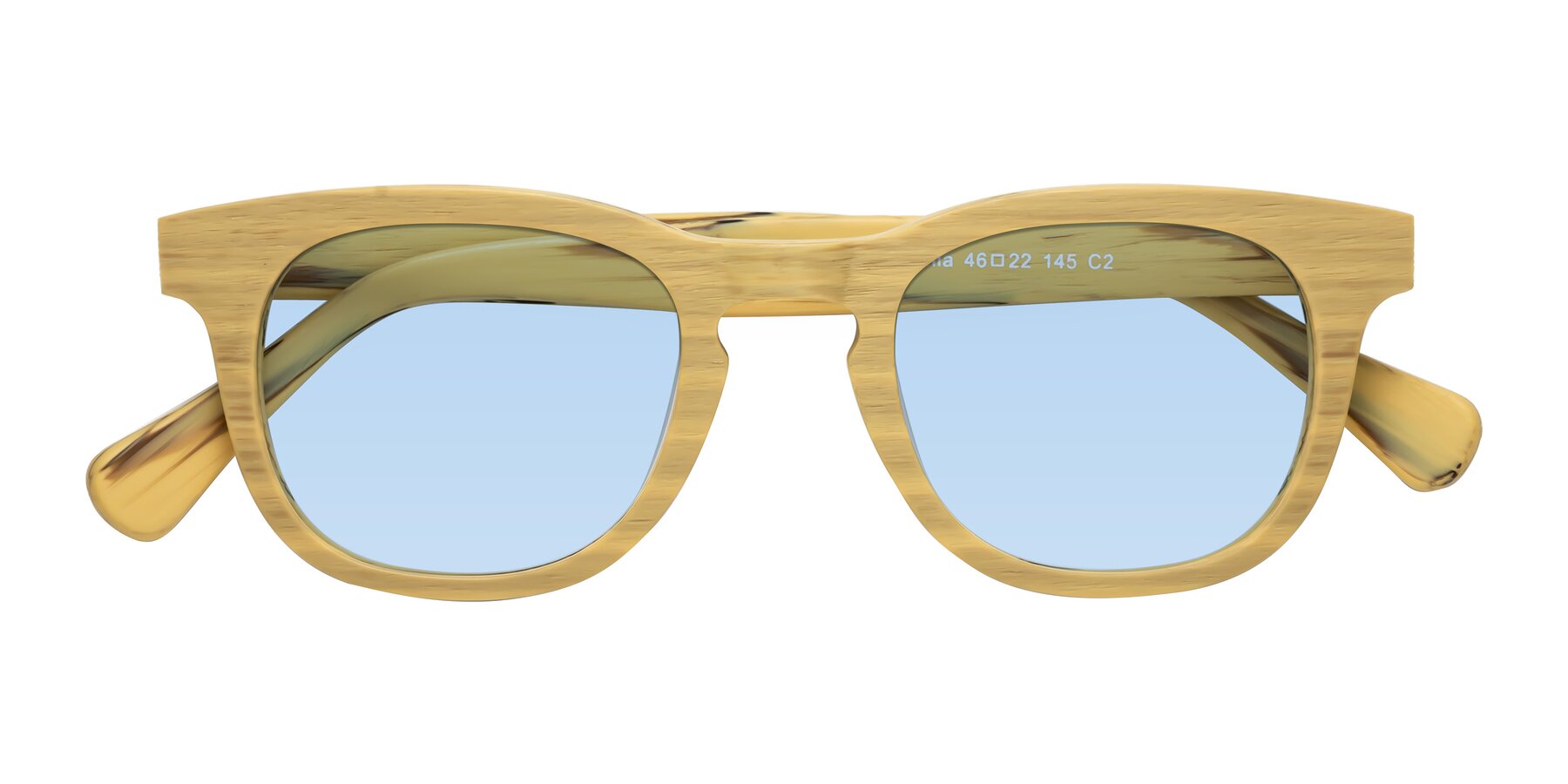 Folded Front of Tonia in Egg Yolk Woodgrain with Light Blue Tinted Lenses