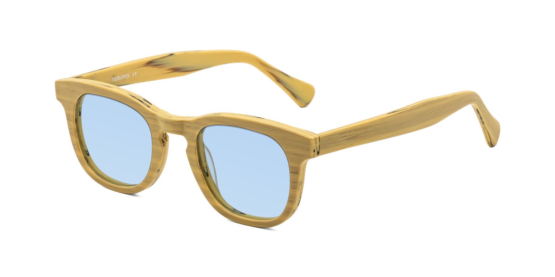 Angle of Tonia in Egg Yolk Woodgrain with Light Blue Tinted Lenses