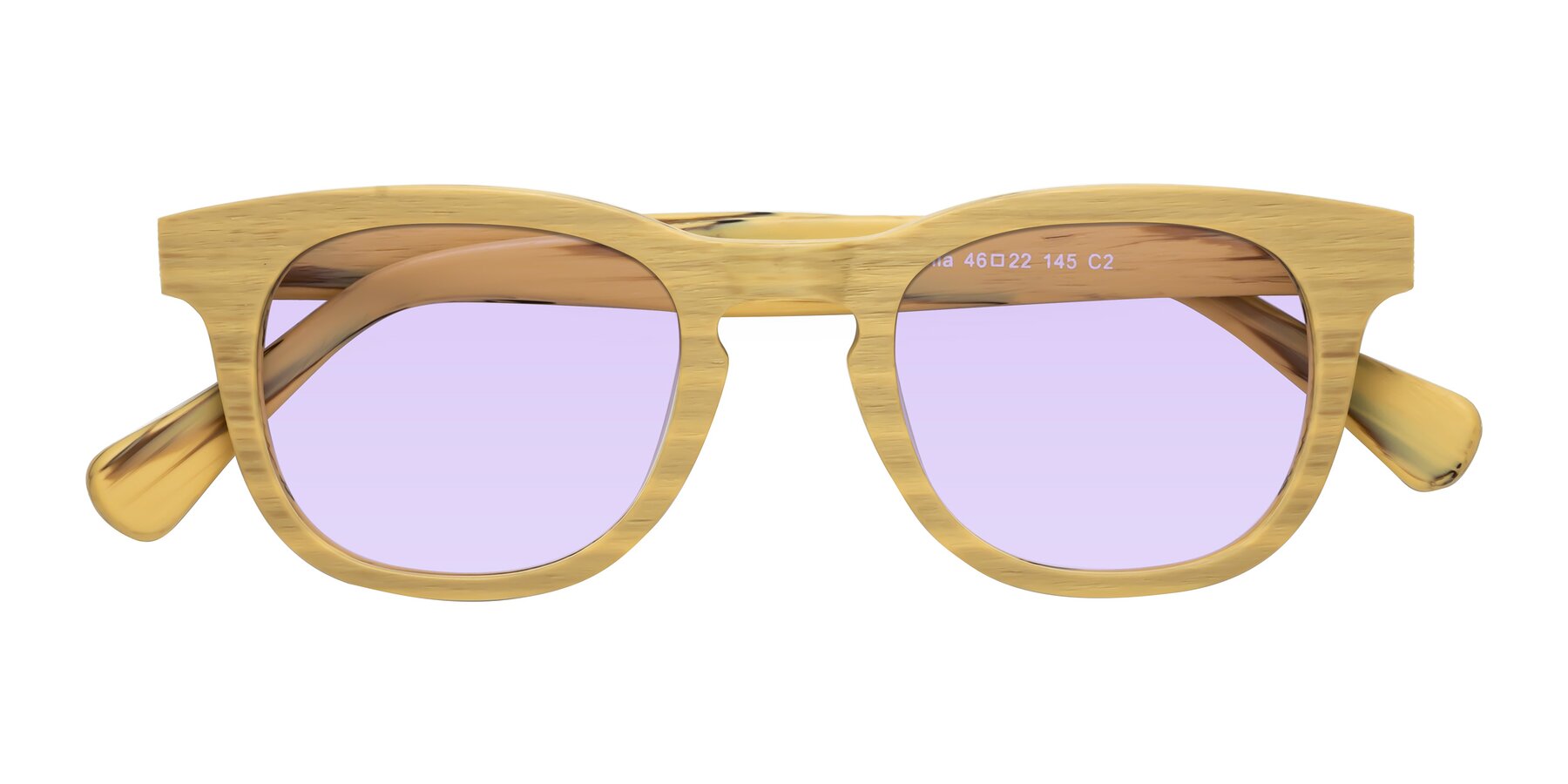 Folded Front of Tonia in Egg Yolk Woodgrain with Light Purple Tinted Lenses