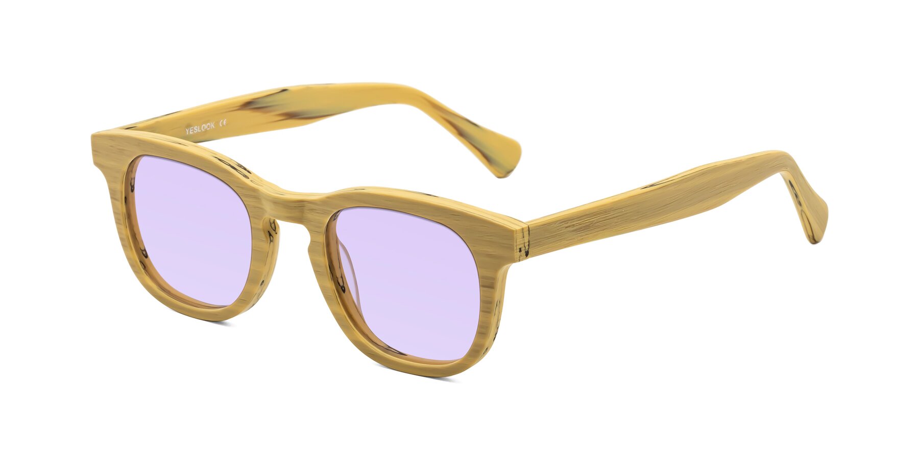 Angle of Tonia in Egg Yolk Woodgrain with Light Purple Tinted Lenses