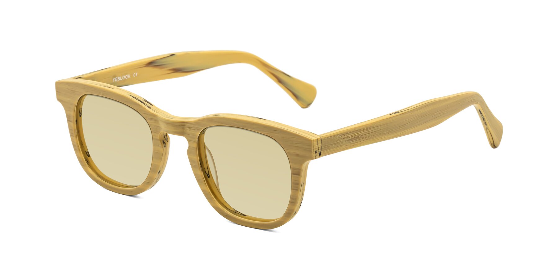 Angle of Tonia in Egg Yolk Woodgrain with Light Champagne Tinted Lenses