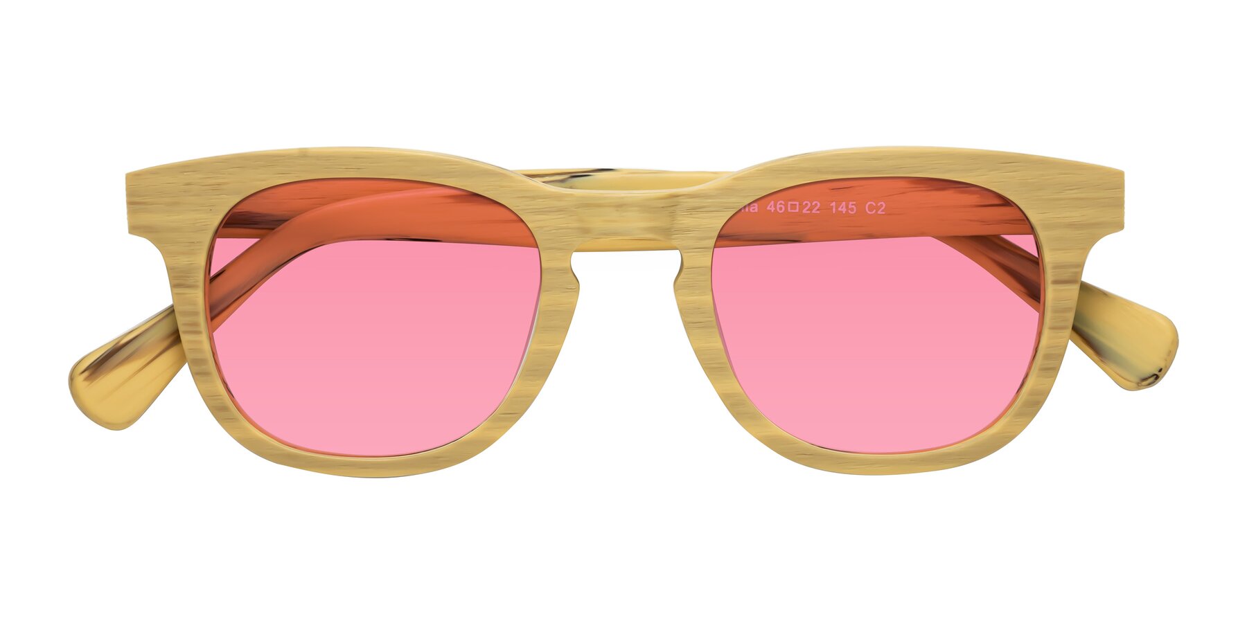 Folded Front of Tonia in Egg Yolk Woodgrain with Pink Tinted Lenses