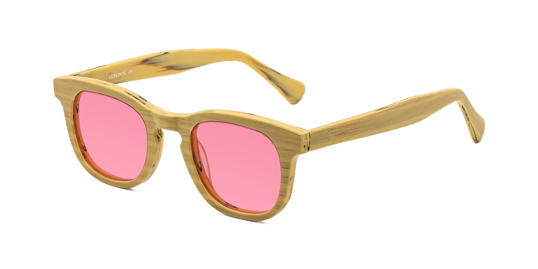 Angle of Tonia in Egg Yolk Woodgrain with Pink Tinted Lenses