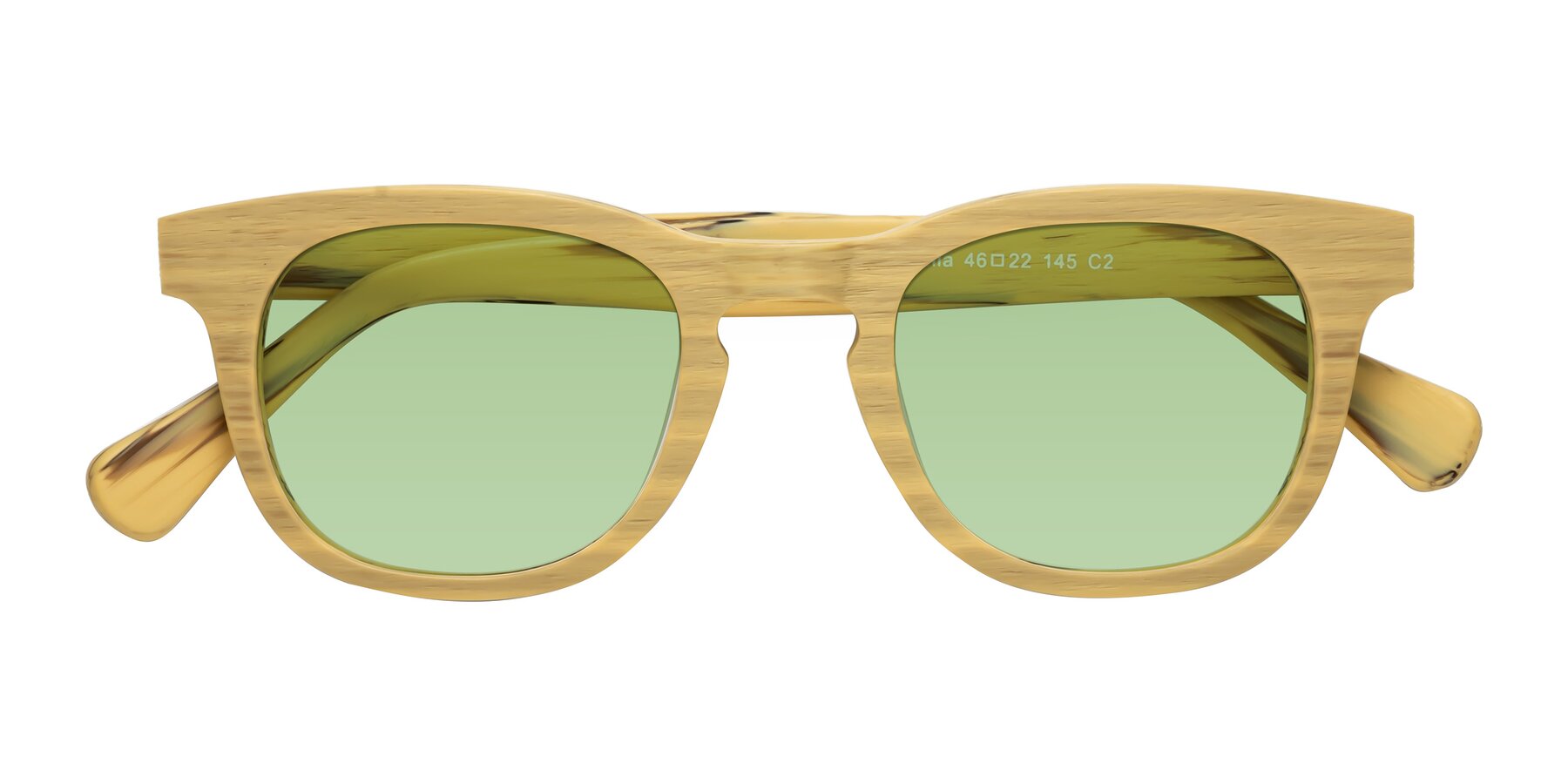 Folded Front of Tonia in Egg Yolk Woodgrain with Medium Green Tinted Lenses