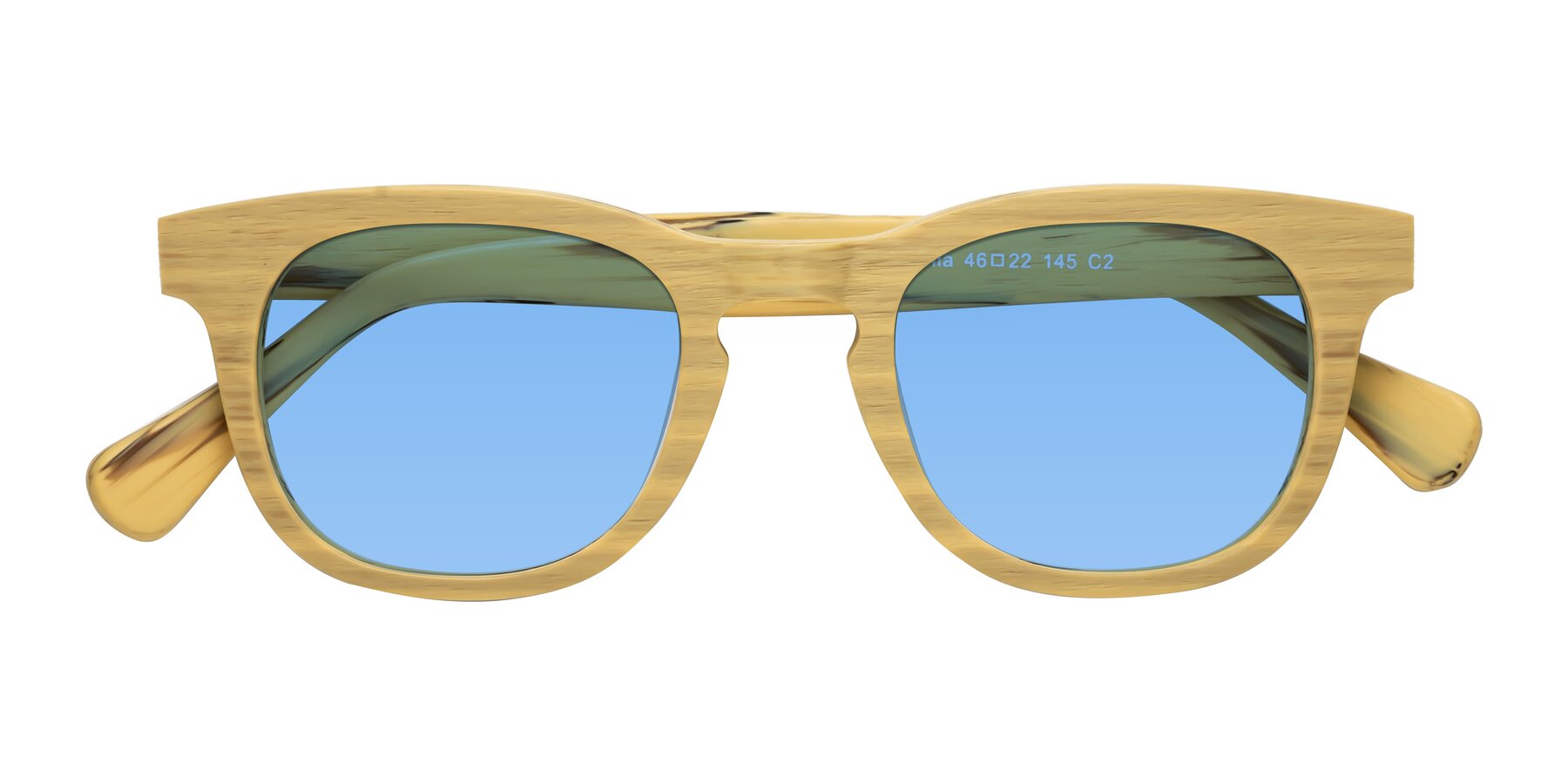 Folded Front of Tonia in Egg Yolk Woodgrain with Medium Blue Tinted Lenses