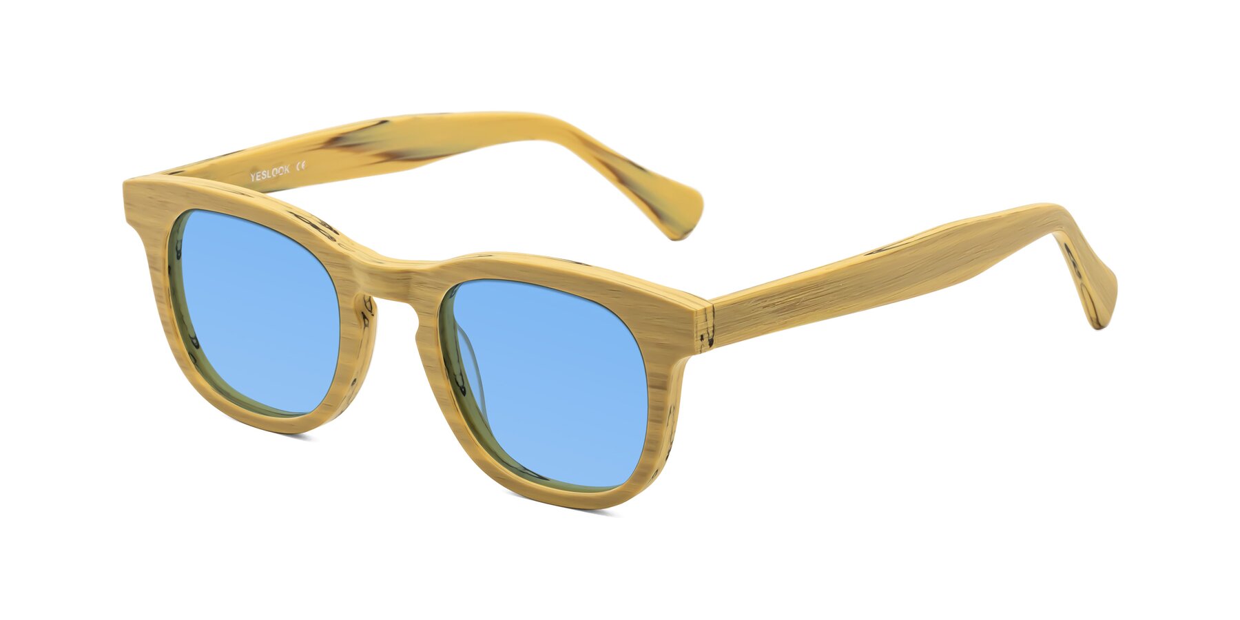 Angle of Tonia in Egg Yolk Woodgrain with Medium Blue Tinted Lenses