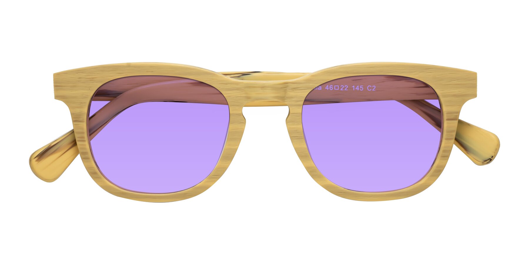 Folded Front of Tonia in Egg Yolk Woodgrain with Medium Purple Tinted Lenses