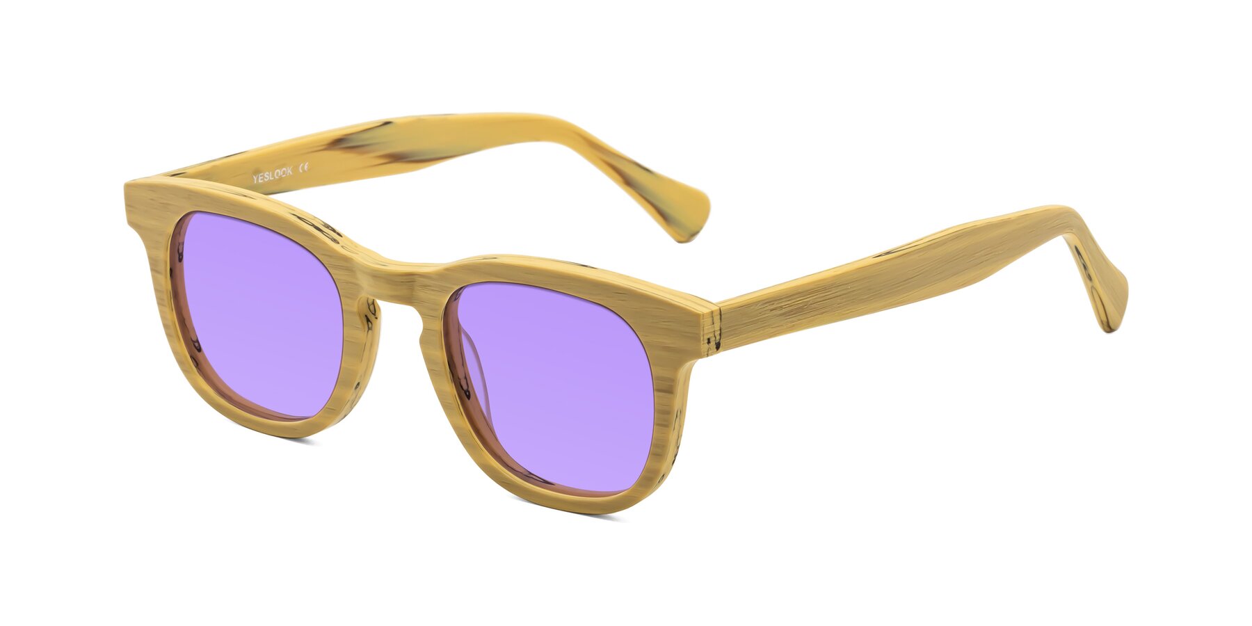 Angle of Tonia in Egg Yolk Woodgrain with Medium Purple Tinted Lenses