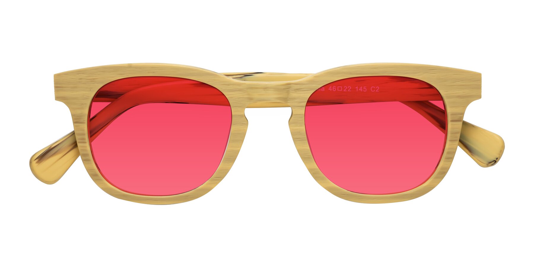 Folded Front of Tonia in Egg Yolk Woodgrain with Red Tinted Lenses