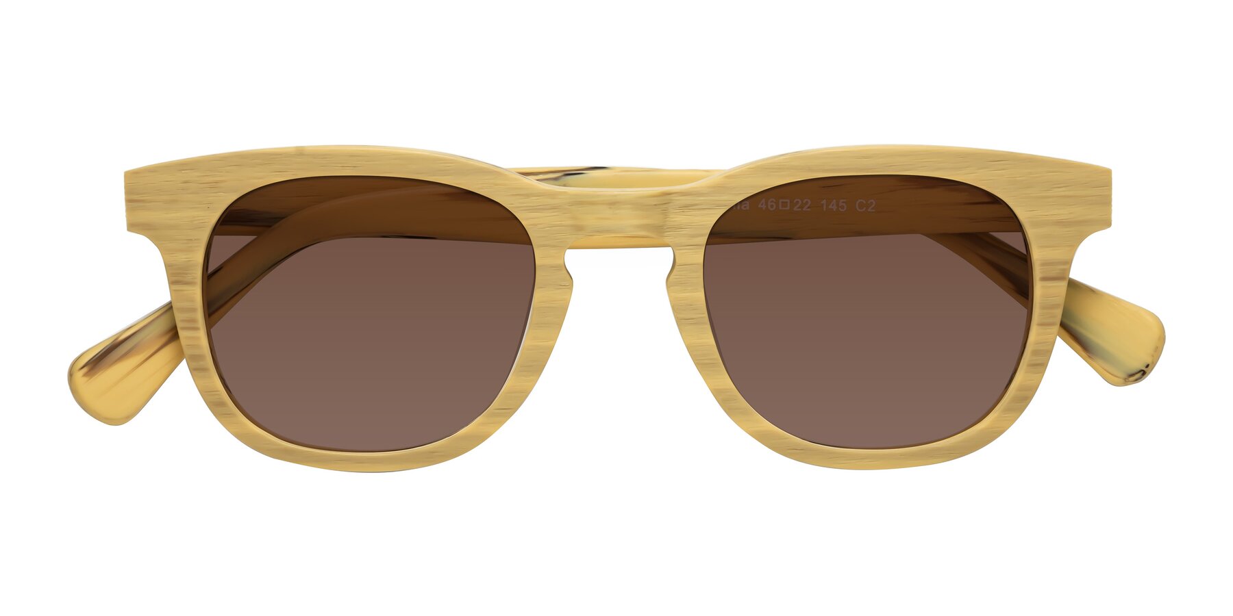 Folded Front of Tonia in Egg Yolk Woodgrain with Brown Tinted Lenses