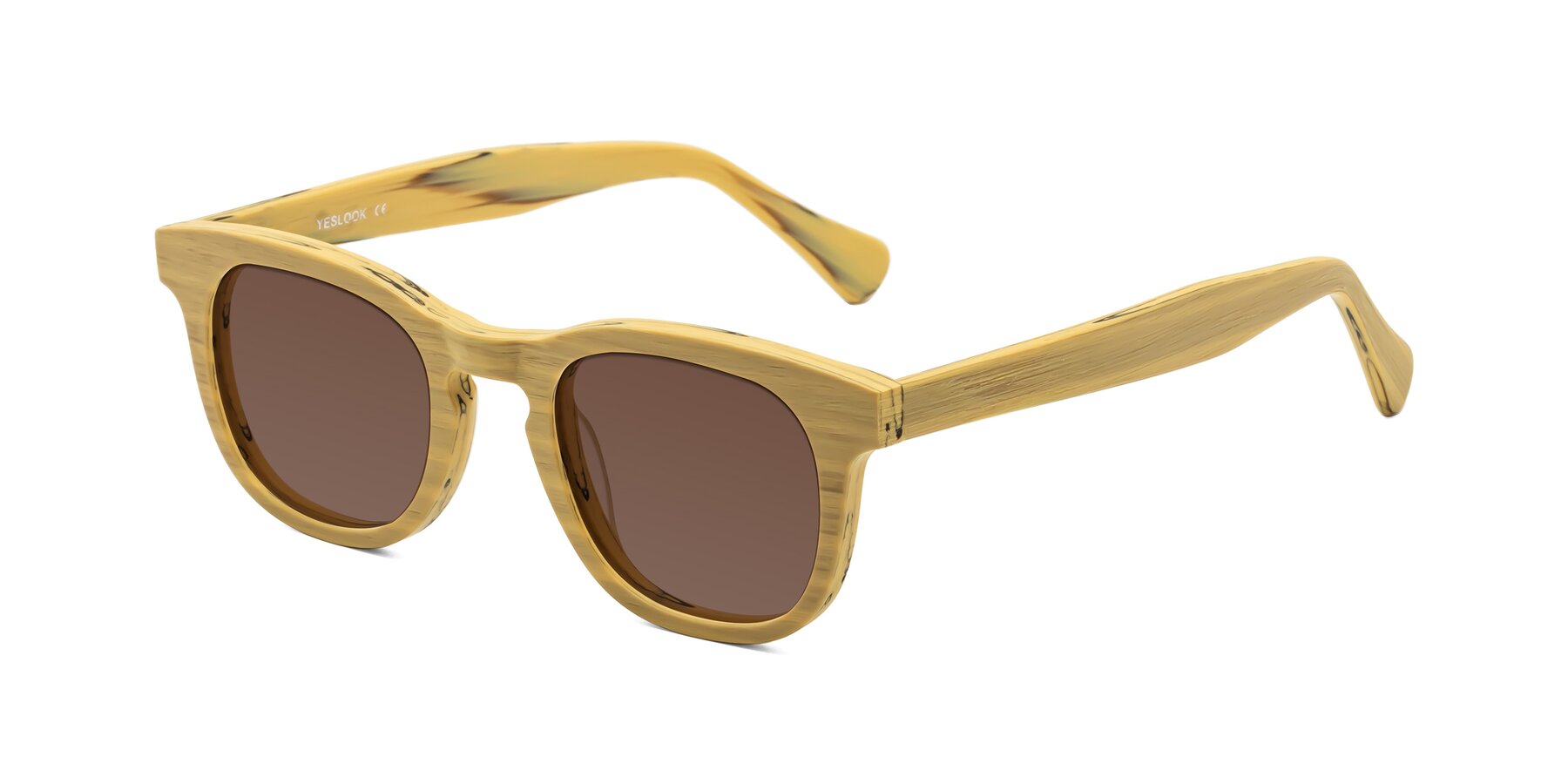 Angle of Tonia in Egg Yolk Woodgrain with Brown Tinted Lenses