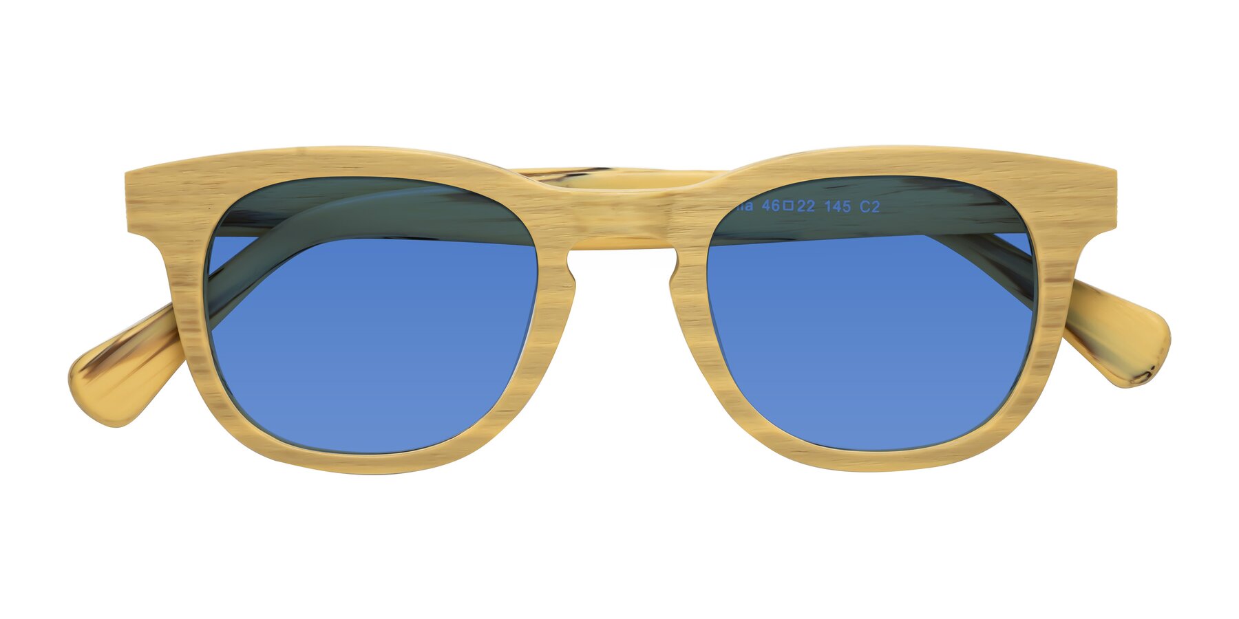 Folded Front of Tonia in Egg Yolk Woodgrain with Blue Tinted Lenses