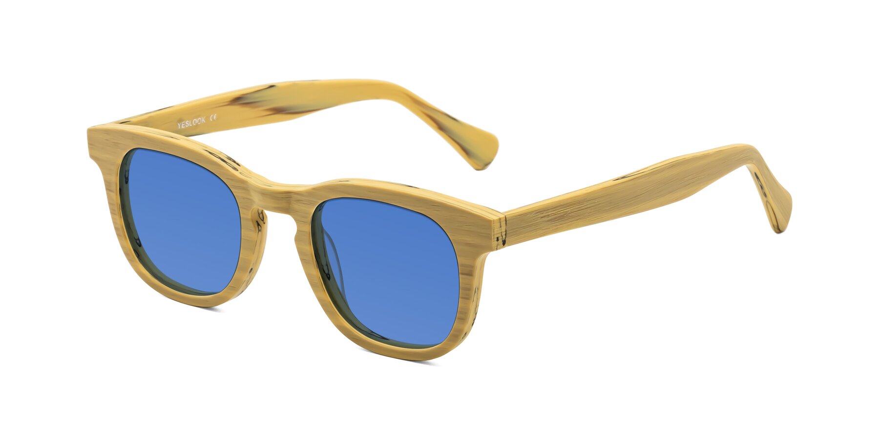 Angle of Tonia in Egg Yolk Woodgrain with Blue Tinted Lenses