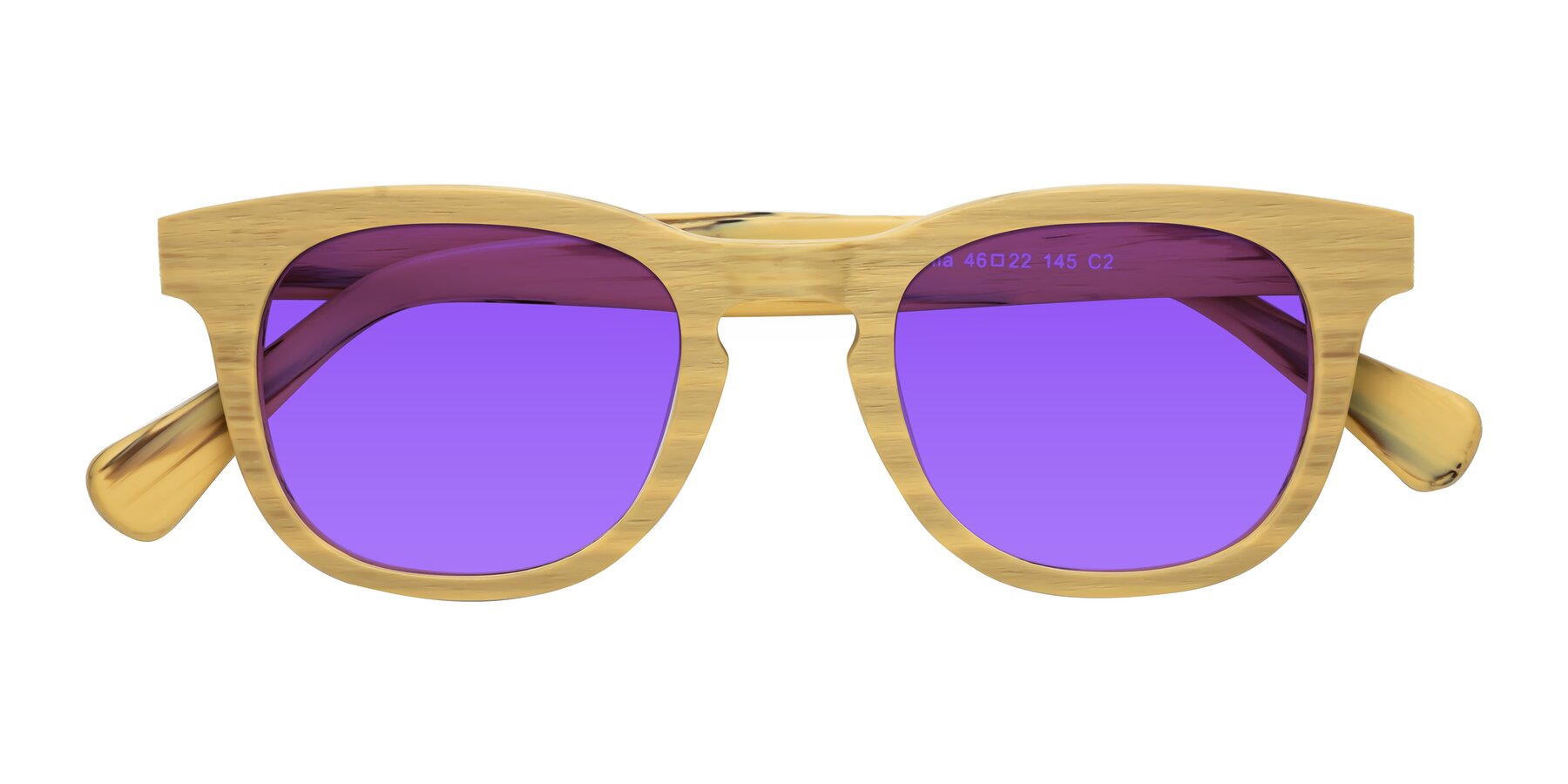 Folded Front of Tonia in Egg Yolk Woodgrain with Purple Tinted Lenses