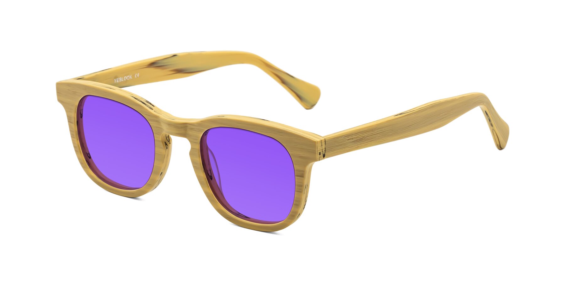 Angle of Tonia in Egg Yolk Woodgrain with Purple Tinted Lenses