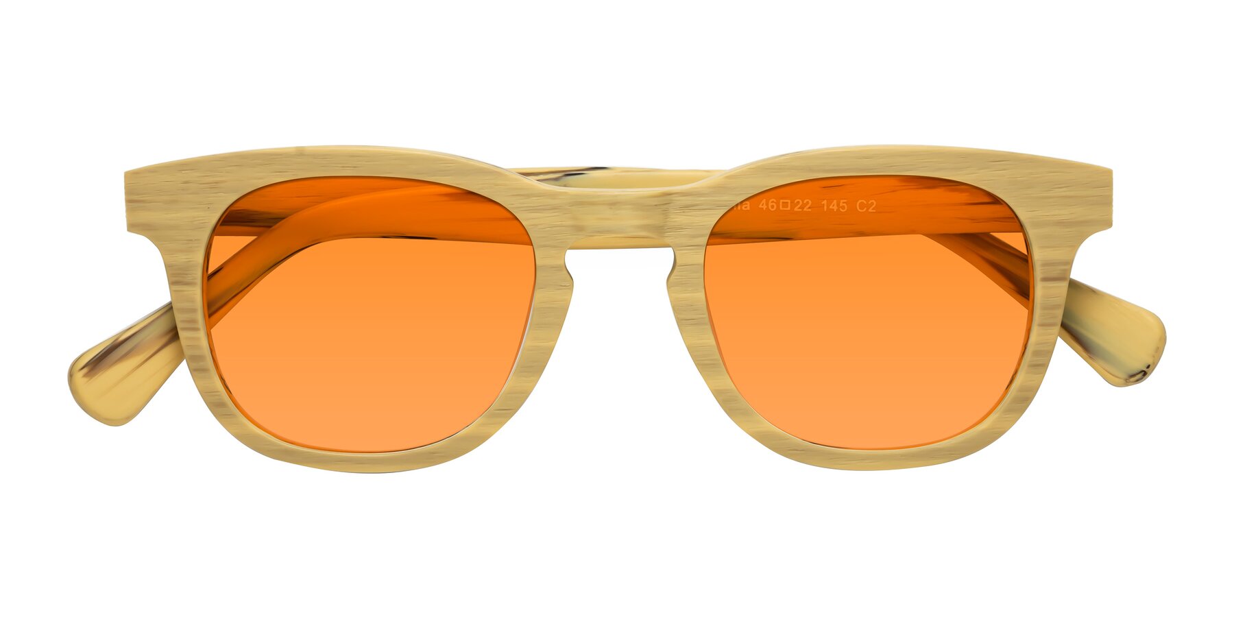 Folded Front of Tonia in Egg Yolk Woodgrain with Orange Tinted Lenses