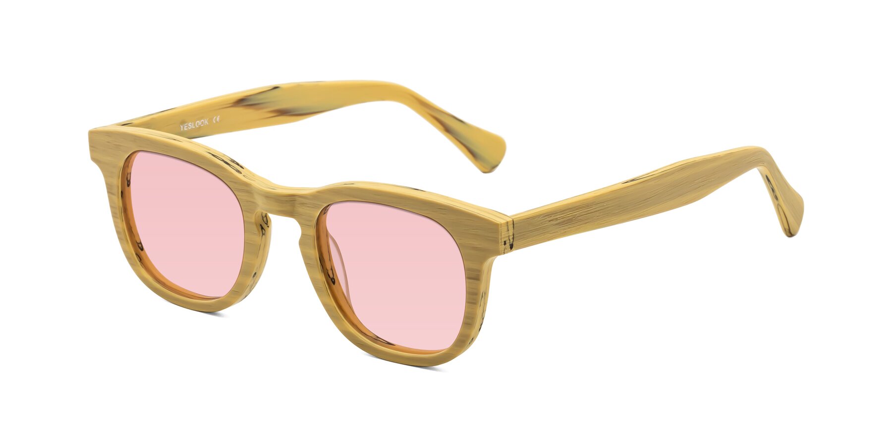 Angle of Tonia in Egg Yolk Woodgrain with Light Garnet Tinted Lenses