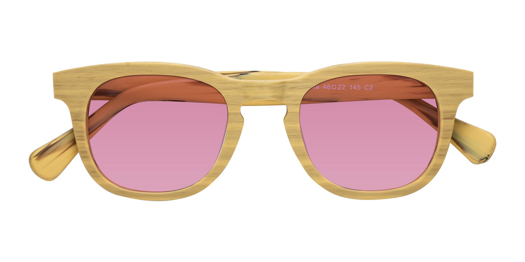 Folded Front of Tonia in Egg Yolk Woodgrain with Medium Wine Tinted Lenses