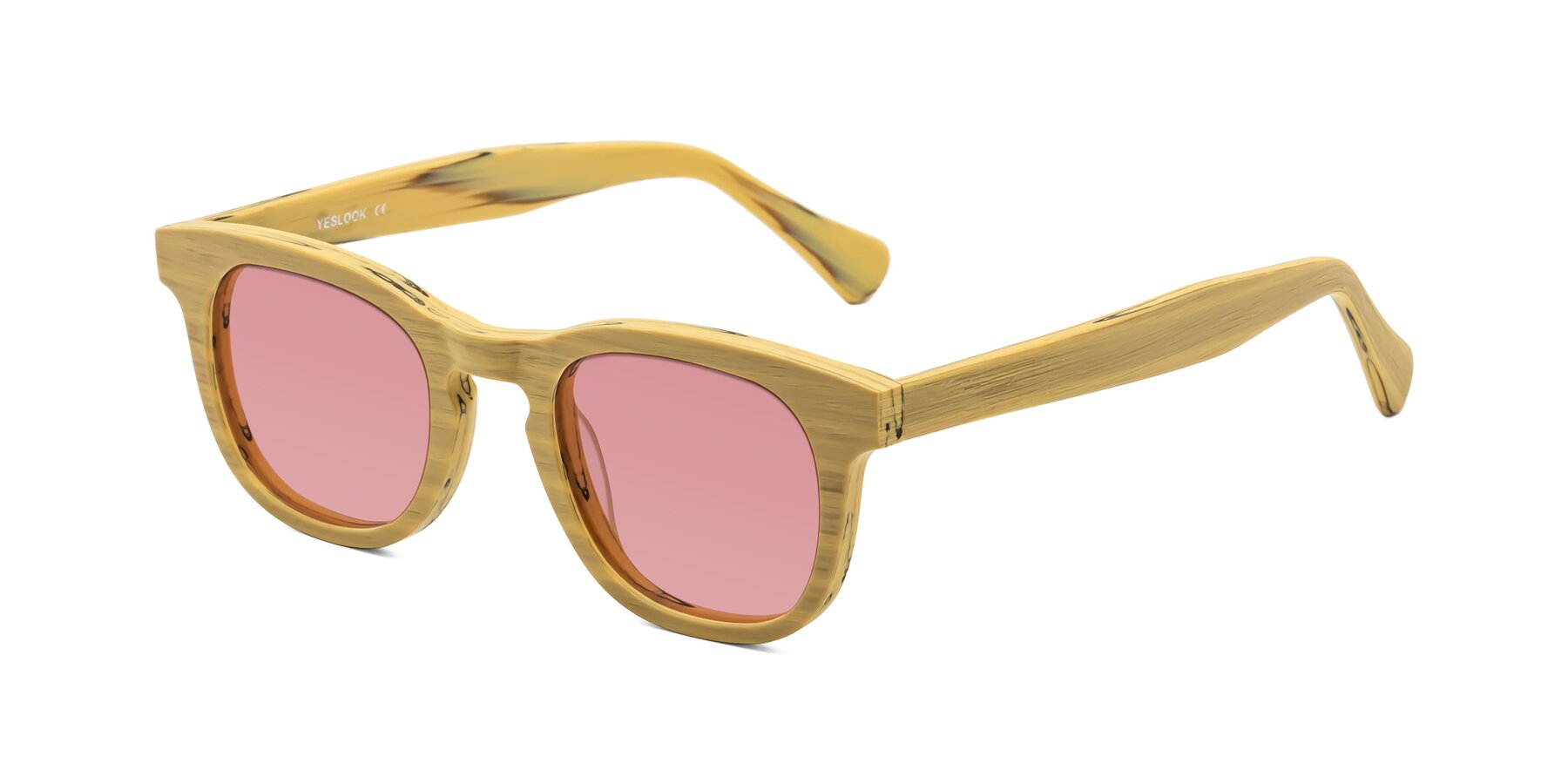 Angle of Tonia in Egg Yolk Woodgrain with Medium Garnet Tinted Lenses