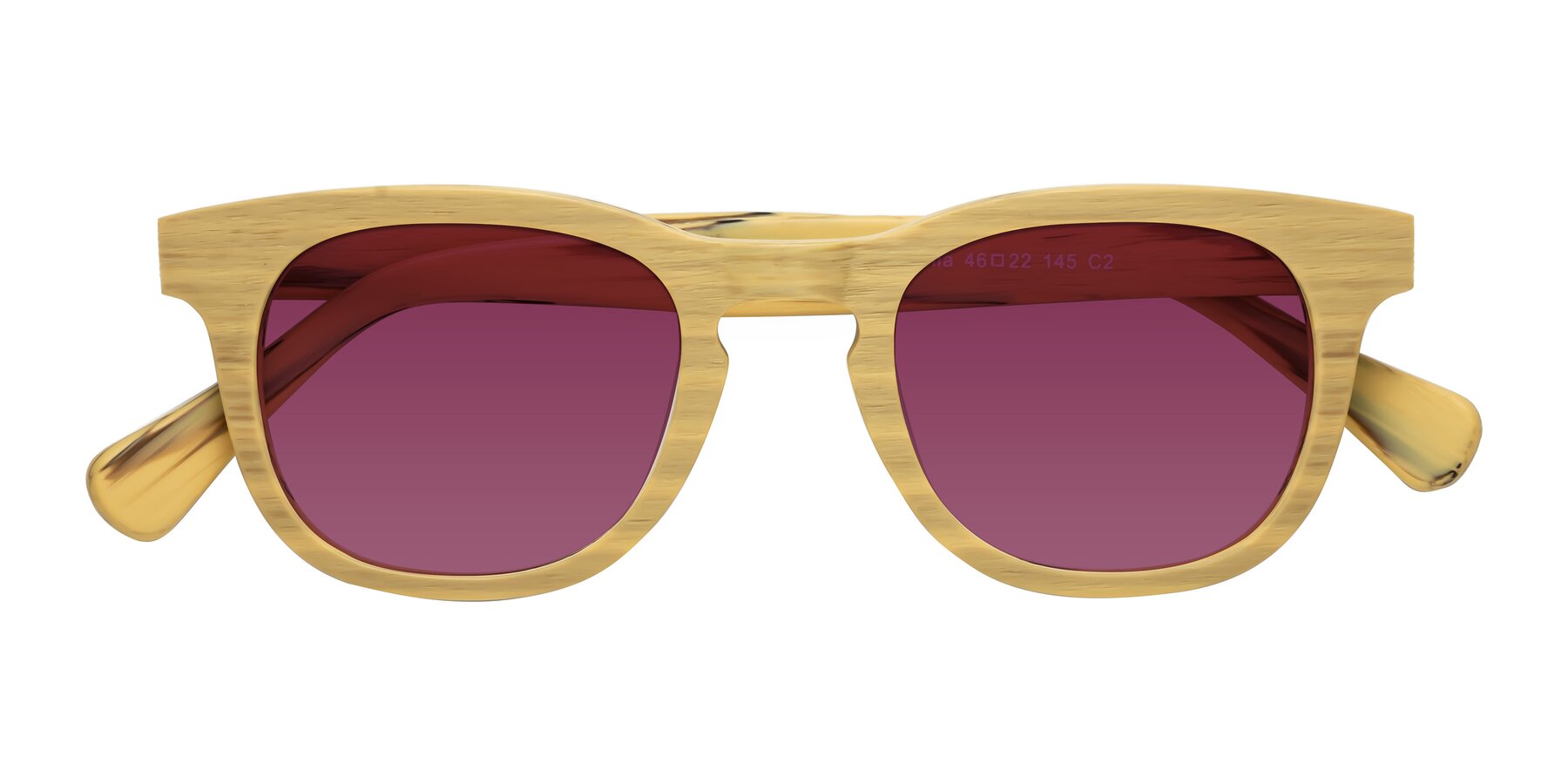 Folded Front of Tonia in Egg Yolk Woodgrain with Wine Tinted Lenses