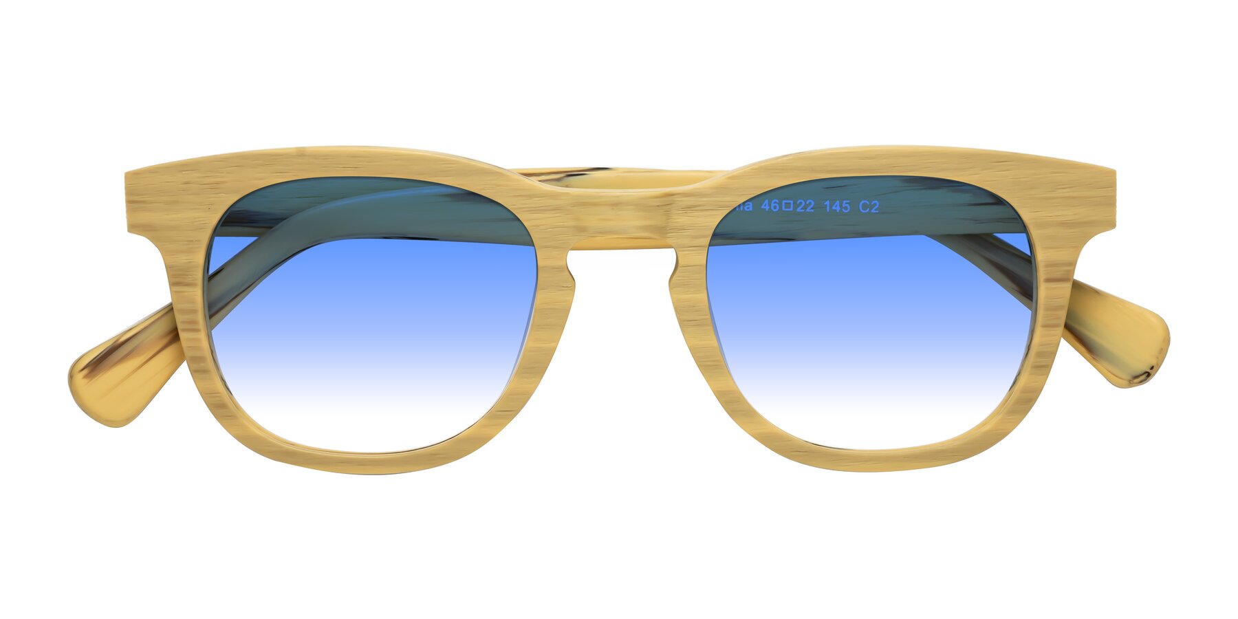 Folded Front of Tonia in Egg Yolk Woodgrain with Blue Gradient Lenses