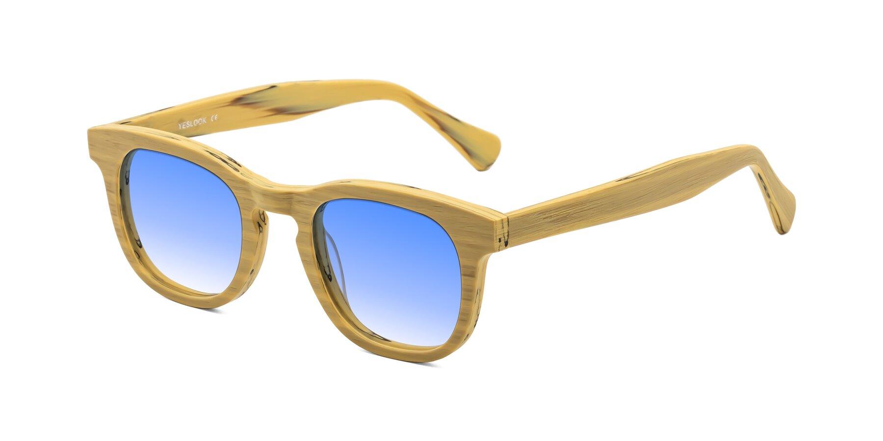 Angle of Tonia in Egg Yolk Woodgrain with Blue Gradient Lenses