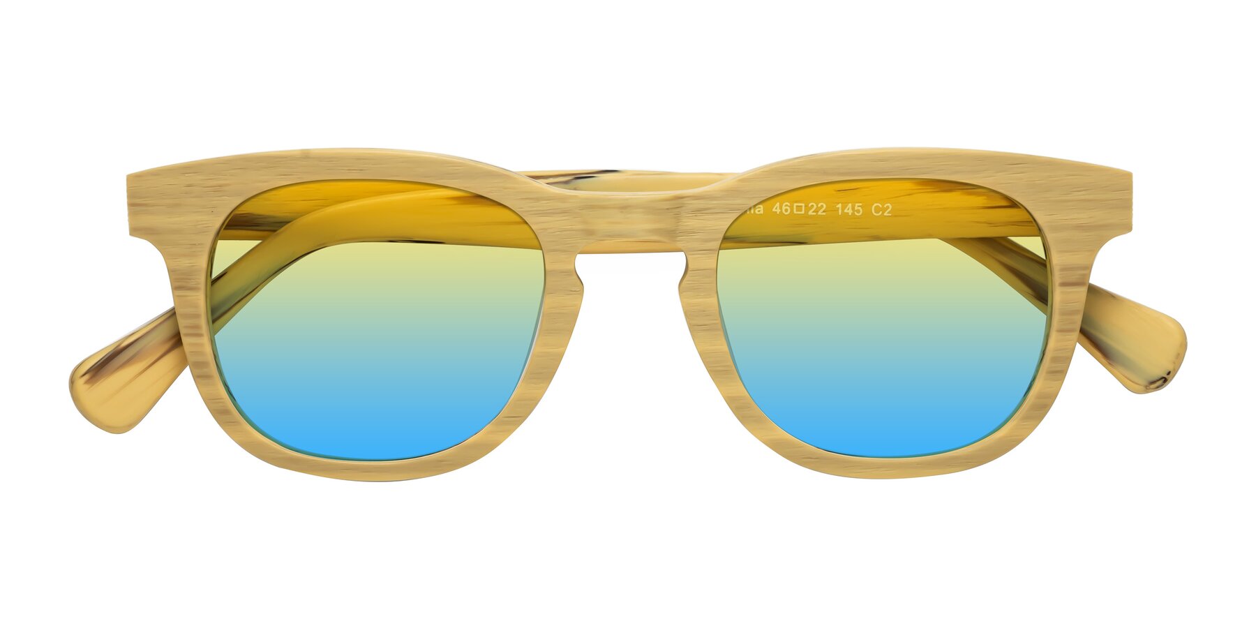 Folded Front of Tonia in Egg Yolk Woodgrain with Yellow / Blue Gradient Lenses