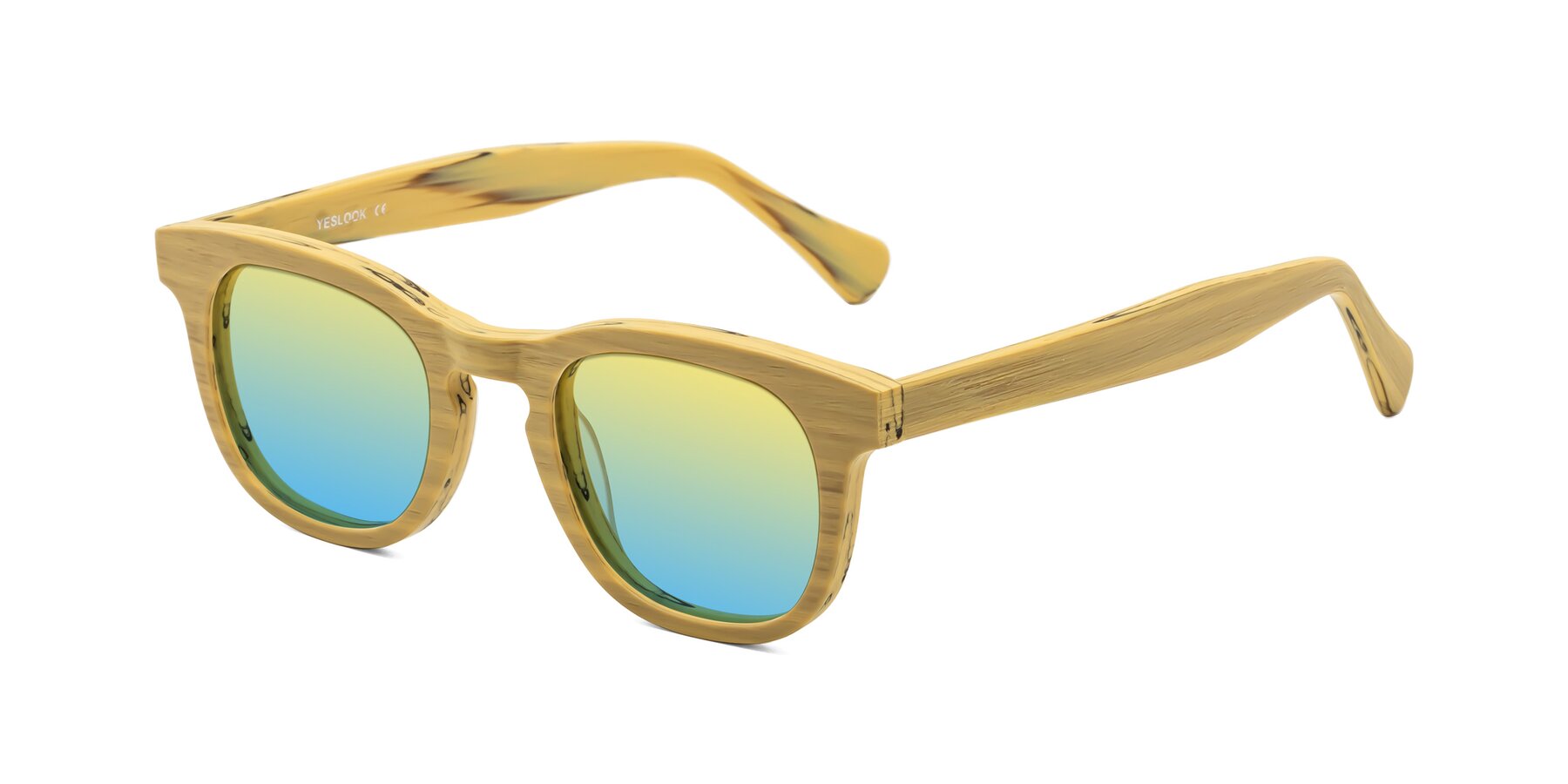 Angle of Tonia in Egg Yolk Woodgrain with Yellow / Blue Gradient Lenses