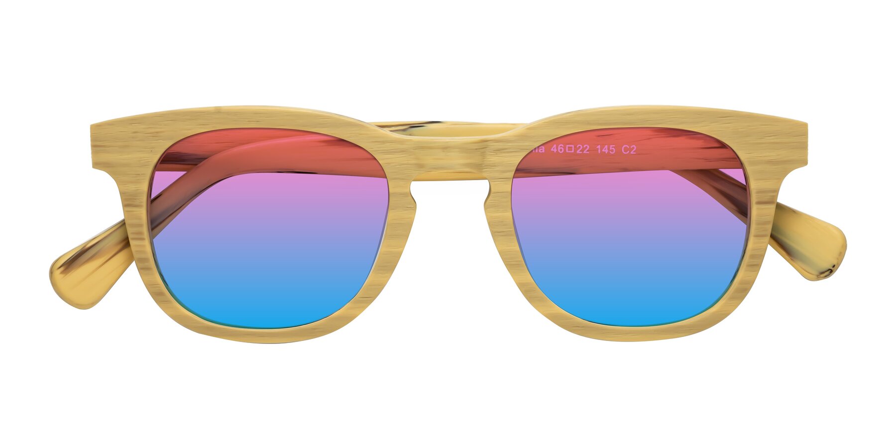 Folded Front of Tonia in Egg Yolk Woodgrain with Pink / Blue Gradient Lenses