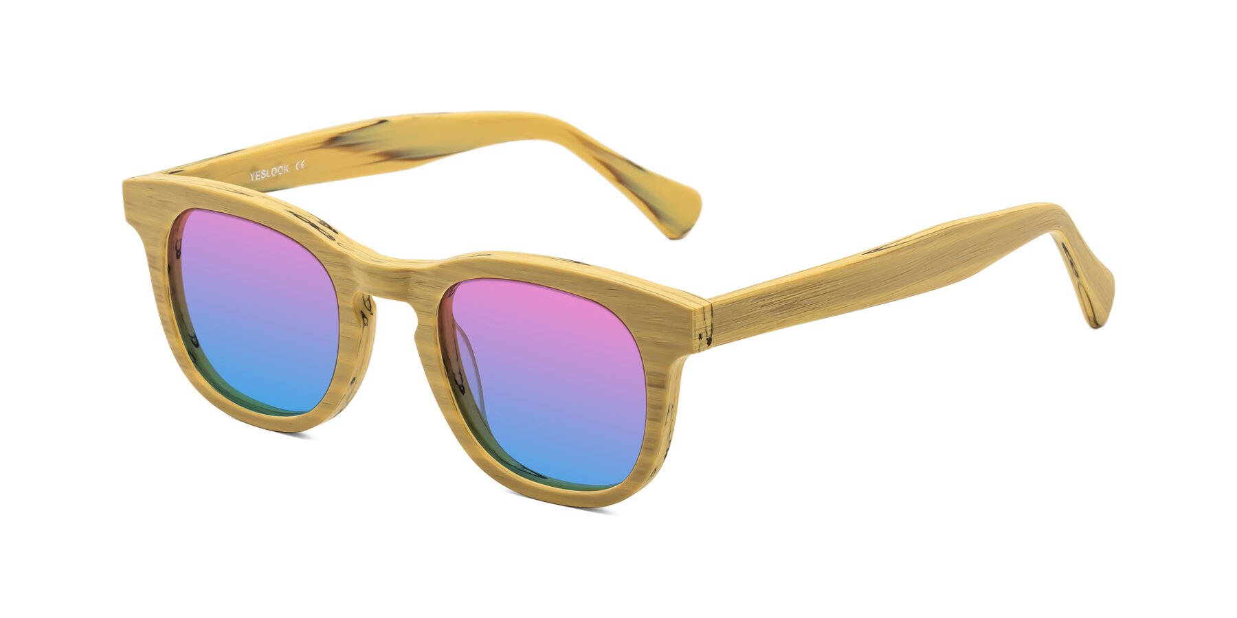 Angle of Tonia in Egg Yolk Woodgrain with Pink / Blue Gradient Lenses