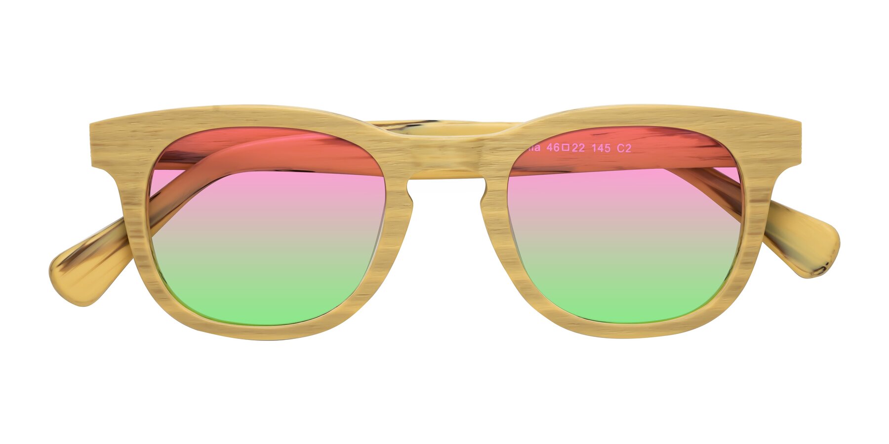 Folded Front of Tonia in Egg Yolk Woodgrain with Pink / Green Gradient Lenses