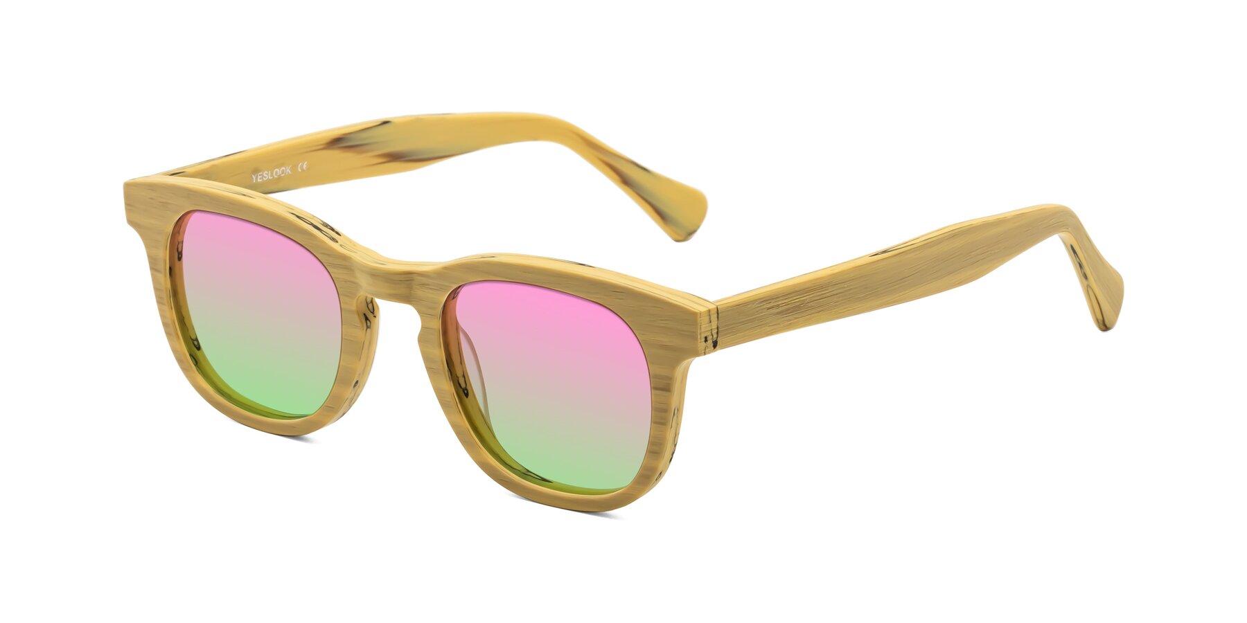 Angle of Tonia in Egg Yolk Woodgrain with Pink / Green Gradient Lenses