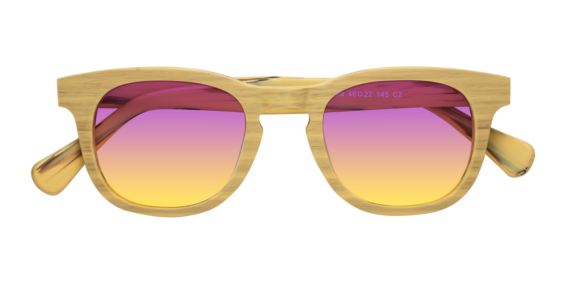 Folded Front of Tonia in Egg Yolk Woodgrain with Purple / Yellow Gradient Lenses