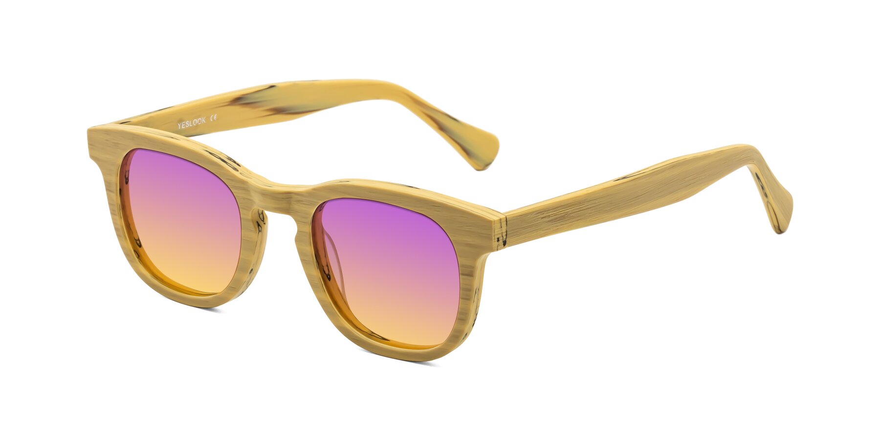 Angle of Tonia in Egg Yolk Woodgrain with Purple / Yellow Gradient Lenses