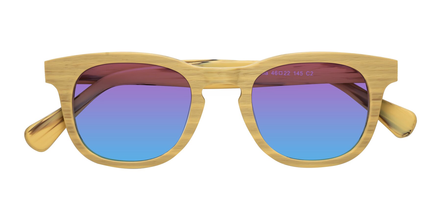 Folded Front of Tonia in Egg Yolk Woodgrain with Purple / Blue Gradient Lenses