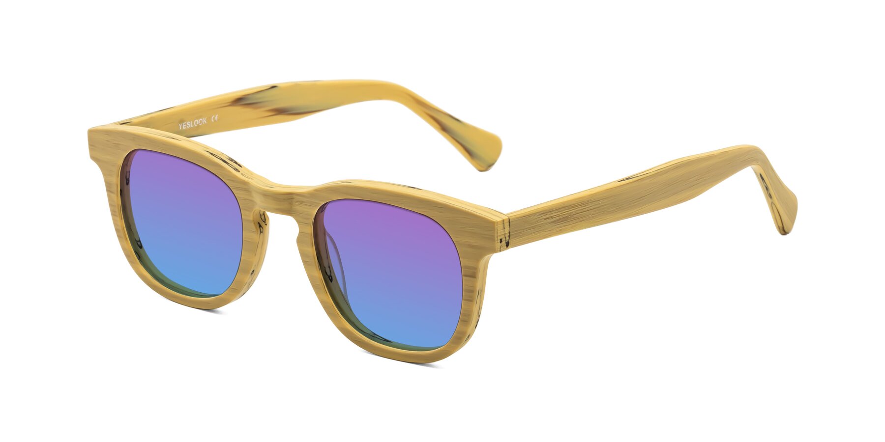 Angle of Tonia in Egg Yolk Woodgrain with Purple / Blue Gradient Lenses